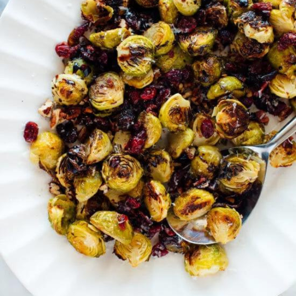 Balsamic Roasted Brussels Sprouts with Cranberries & Pecans